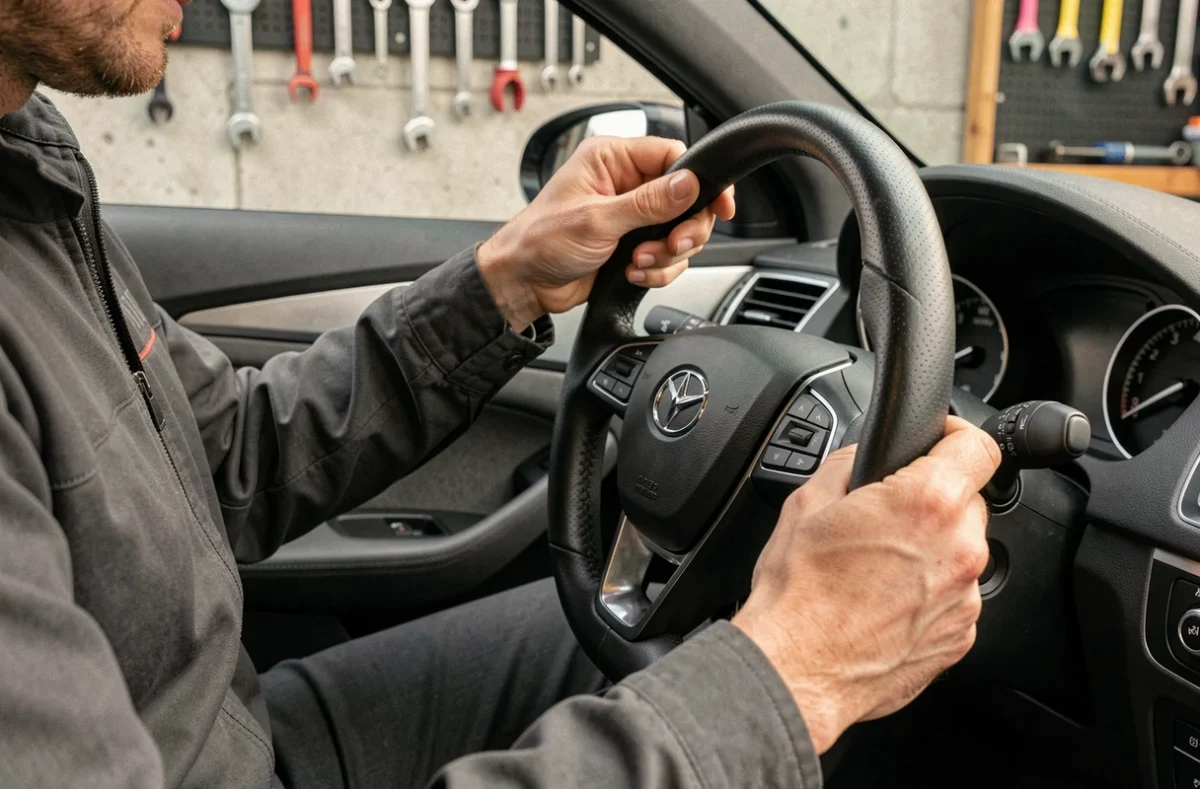 Homme installant un couvre-volant en cuir matte noir dans l'habitacle d'une voiture moderne, accessoire auto tendance pour personnaliser son intérieur