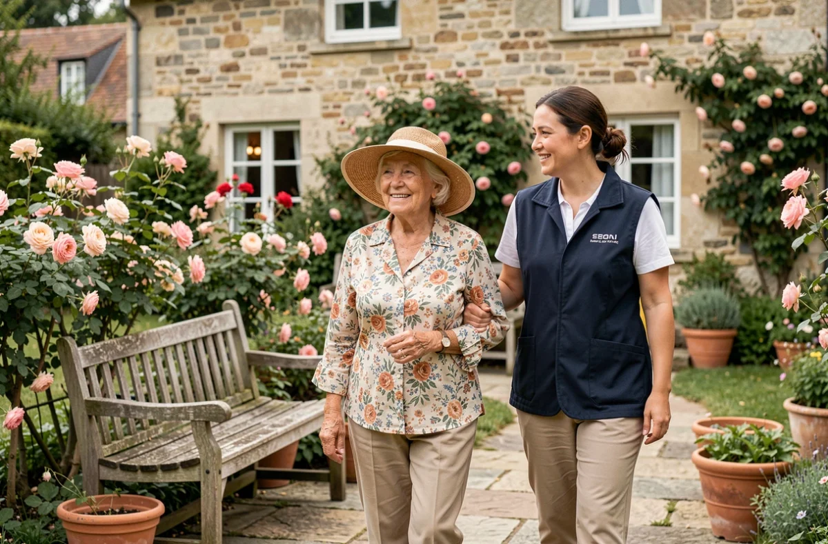 Accompagnement d'une personne âgée lors d'une promenade dans le jardin par une aide à domicile