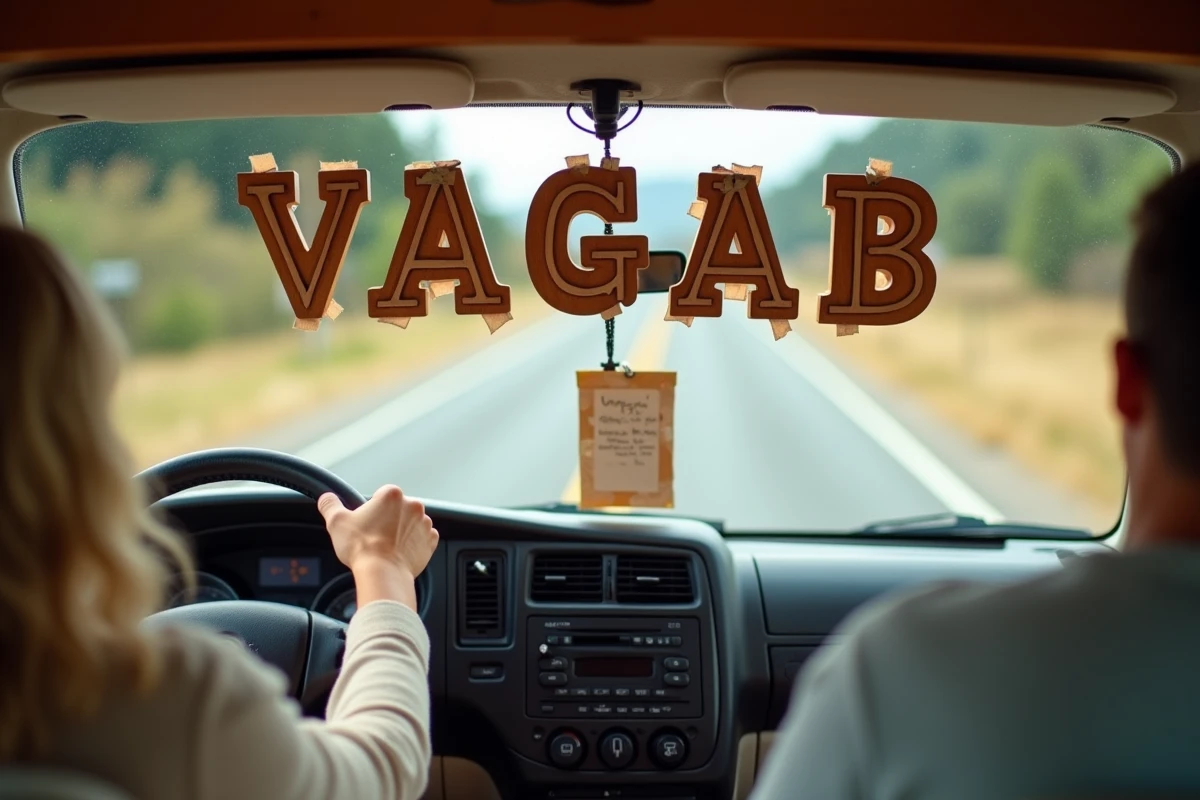 L'intérieur du tableau de bord d'un camping-car avec un acronyme personnalisé en lettres de bois et une légende manuscrite expliquant chaque lettre, route visible au loin