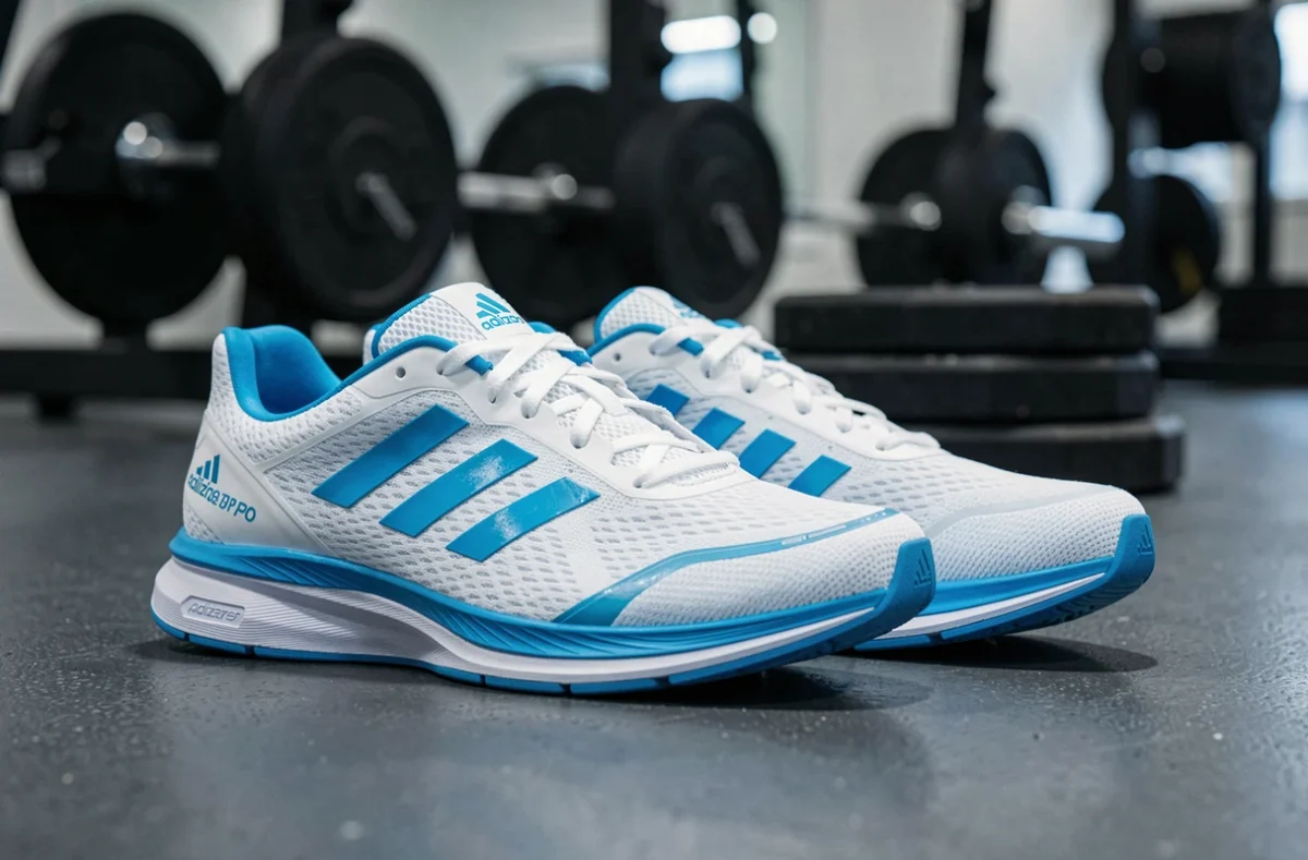 Baskets Adidas Adizero Dropset Pro femme posées sur le sol d'une salle de sport près de disques de musculation, semelle basse réactive