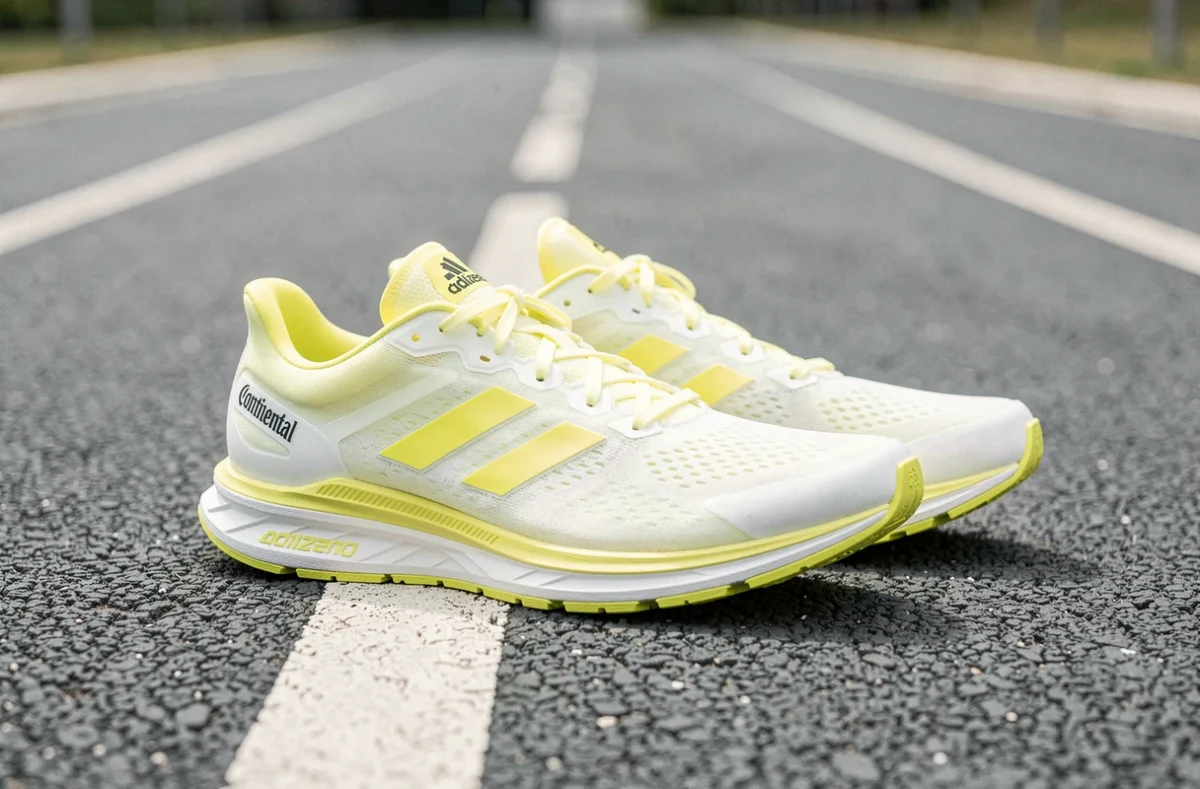 Baskets Adidas Adizero EVO SL femme ultra-légères sur une piste d'athlétisme synthétique, profil dynamique