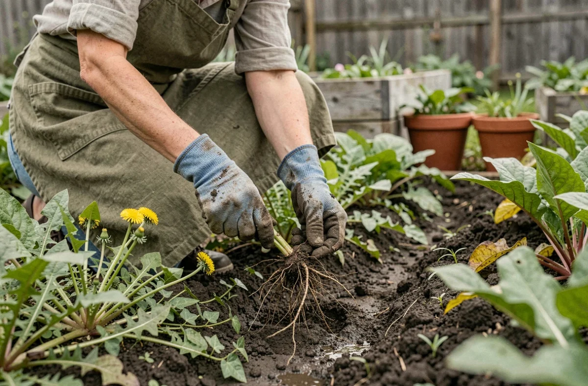 Femme arrachant des mauvaises herbes à la main dans un potager avec des gants de jardinage en jean