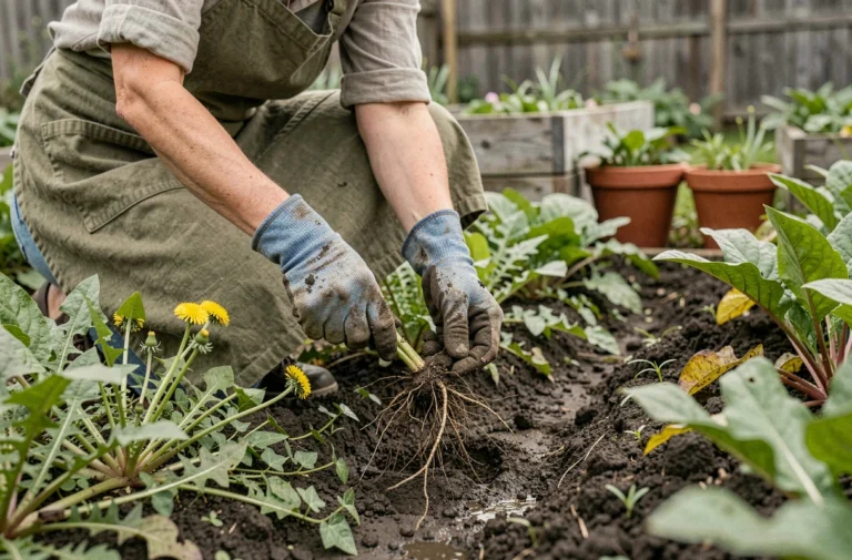 Femme arrachant des mauvaises herbes à la main dans un potager avec des gants de jardinage en jean