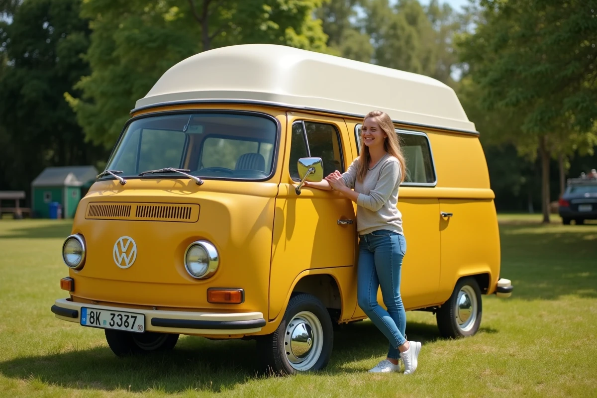 Un camping-car compact et rebondi humoristiquement nommé 'Bouboule', une femme qui l'enlace en riant dans un terrain de camping verdoyant