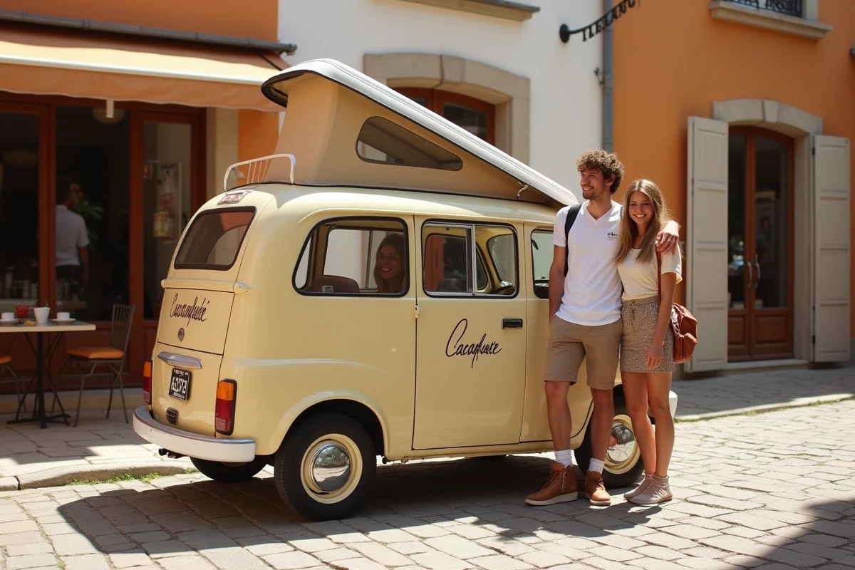 Un minuscule camping-car surnommé 'Cacahuète' garé sur une place de village ensoleillée, un jeune couple souriant à côté soulignant son format minuscule