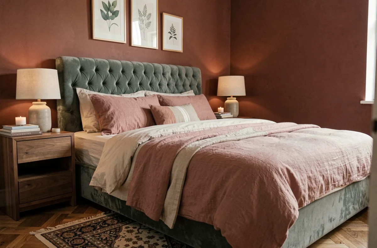Chambre à coucher élégante avec tête de lit en velours vert sauge, literie en lin et mur terracotta