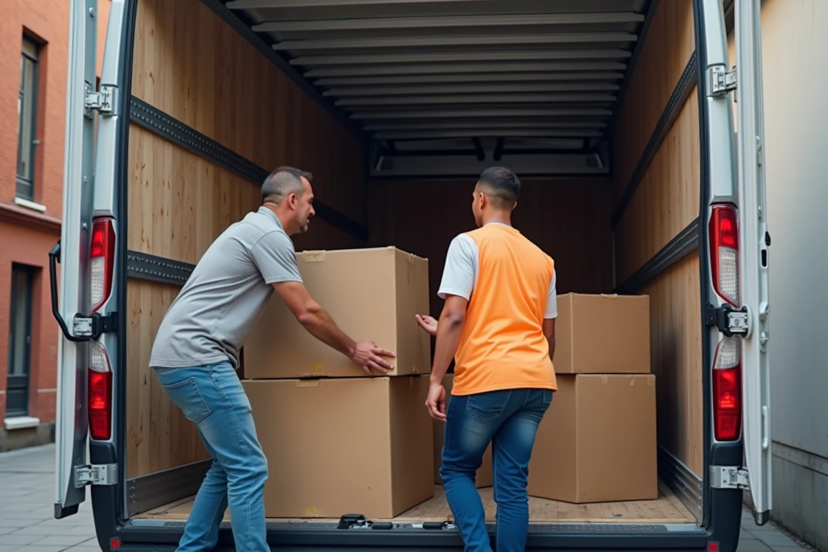 Deux déménageurs chargeant des cartons dans la caisse d'un camion 10 m3, illustrant la capacité de chargement et le volume intérieur