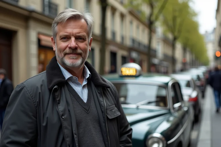 Conducteur de taxi vintage à Paris avec voiture ancienne