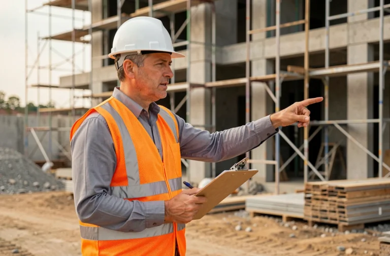 Chef de projet Yvazur Construction sur un chantier résidentiel tenant un clipboard