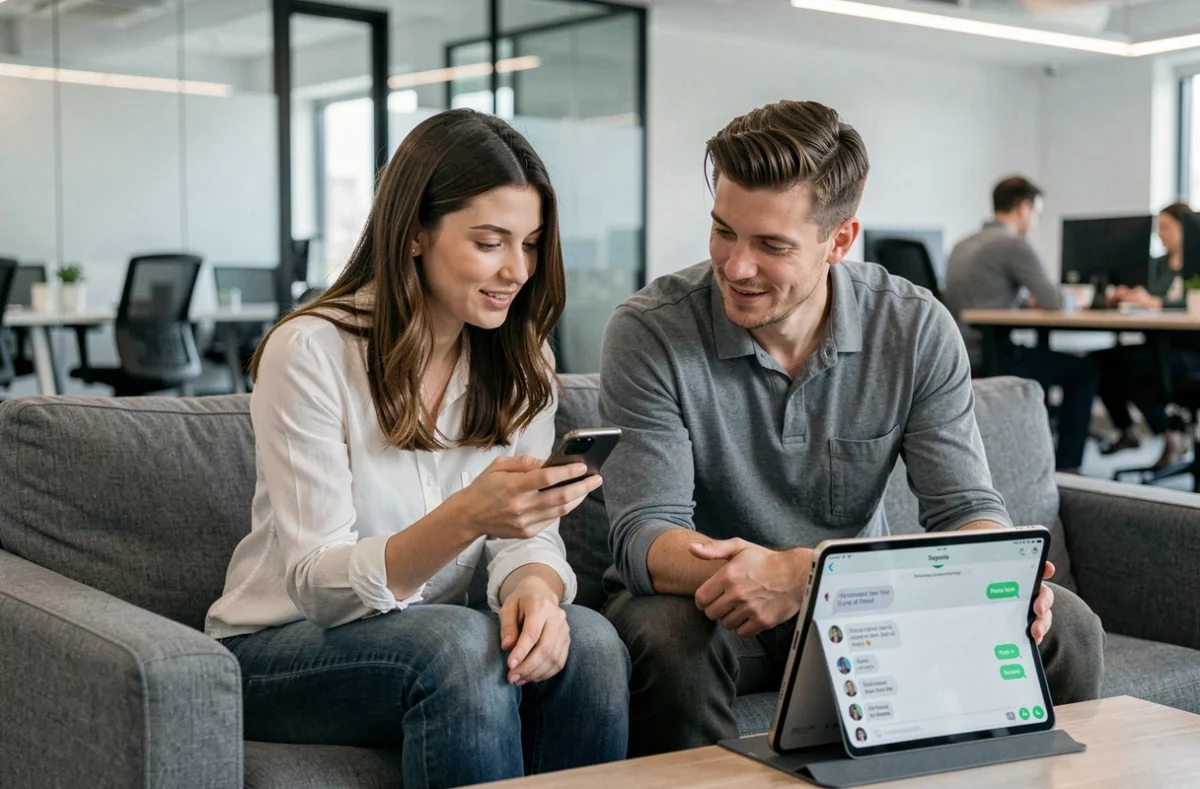 Deux collègues consultant une conversation WhatsApp optimisée avec ChatGPT sur smartphone au bureau