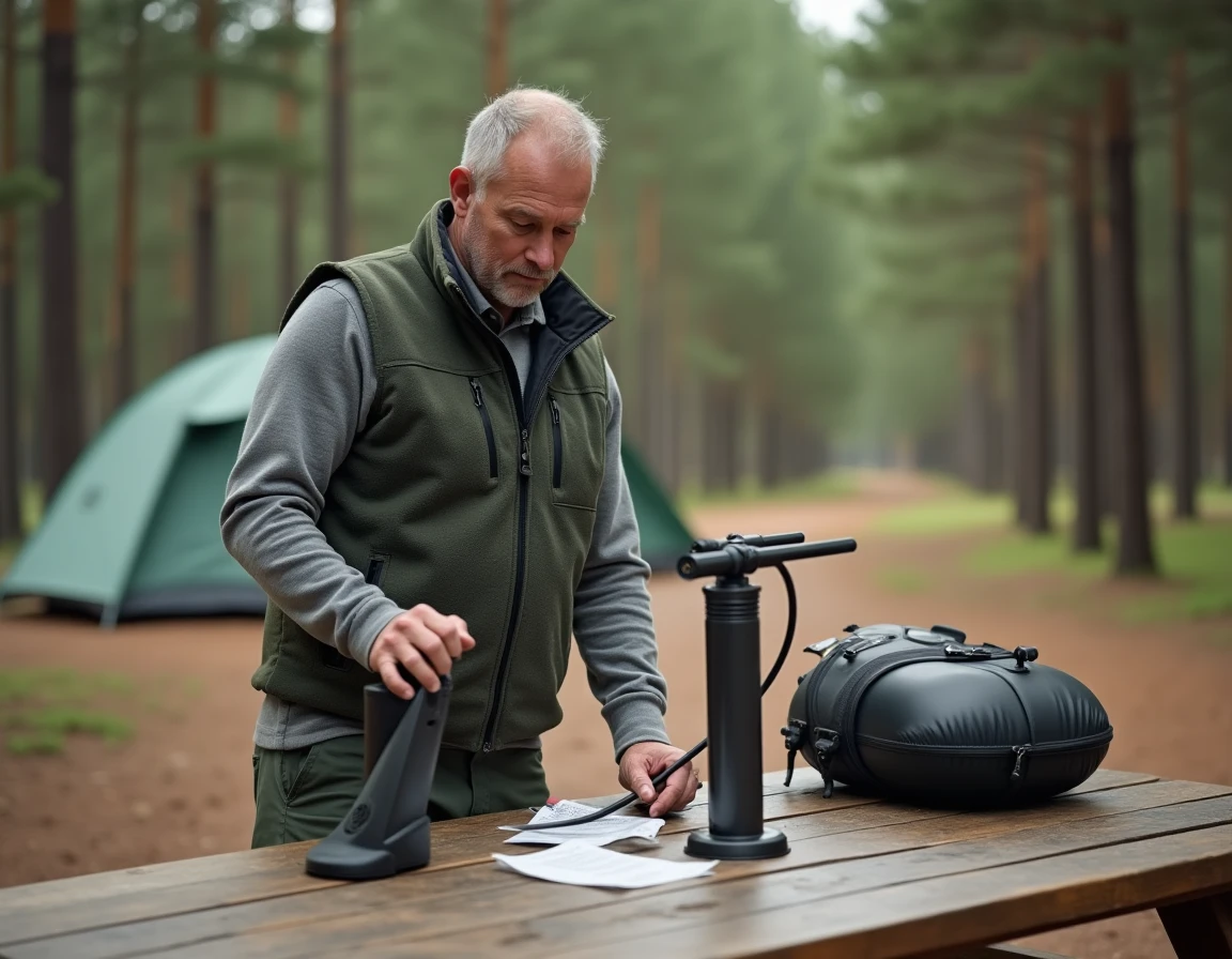 Homme comparant une pompe à pied manuelle et une pompe électrique compacte pour kayak gonflable sur une table de camping en forêt