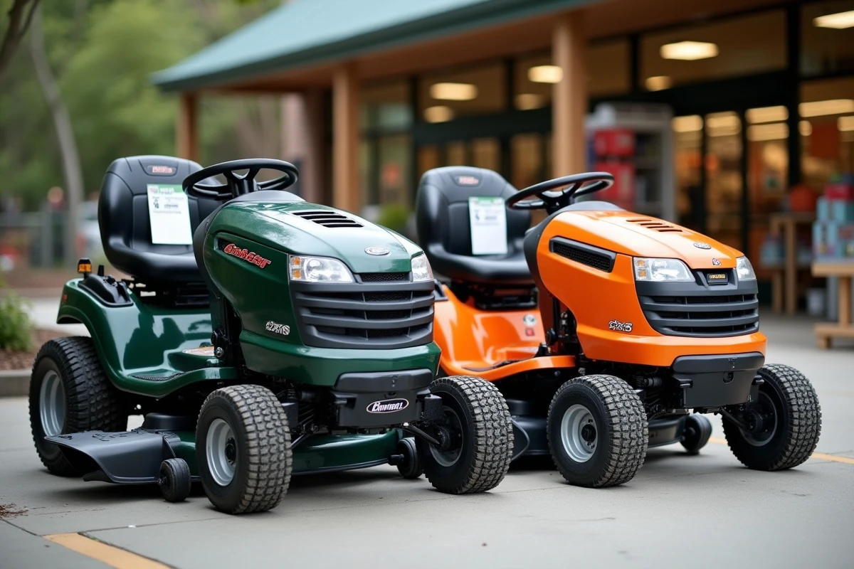 Comparaison de deux tracteurs tondeuses exposés en extérieur devant un magasin de bricolage avec étiquettes de prix
