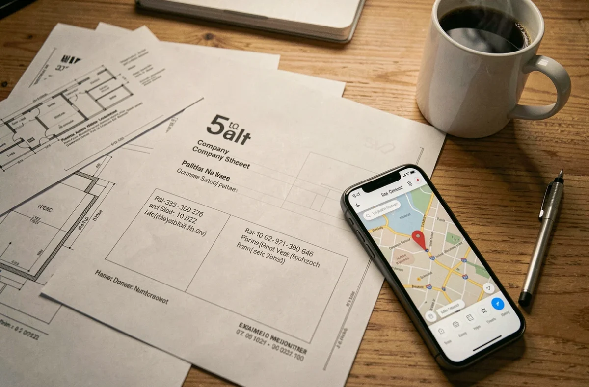 Bureau avec coordonnées d'une entreprise de construction, smartphone et documents de contact