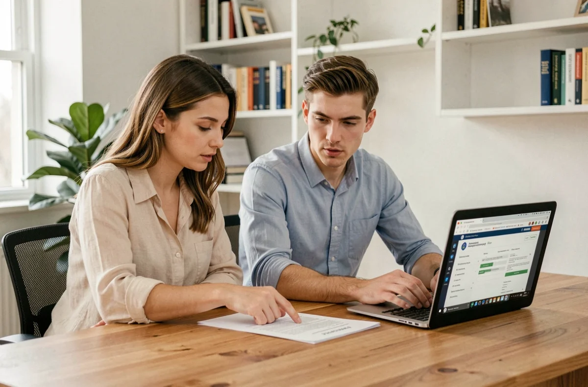 Couple consultant les bans de mariage en ligne sur un ordinateur portable avec des documents officiels sur un bureau en bois