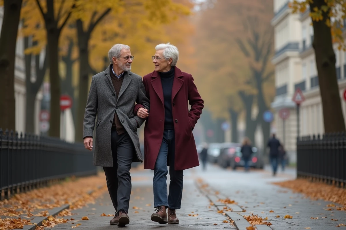 Couple élégant se promenant sur un boulevard parisien en automne, évoquant la discrétion d'une vie de couple cultivée