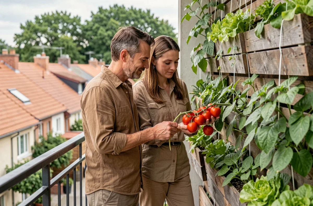 Couple entretenant un potager vertical en bois sur un balcon urbain avec des tomates et laitues dans une ambiance naturelle