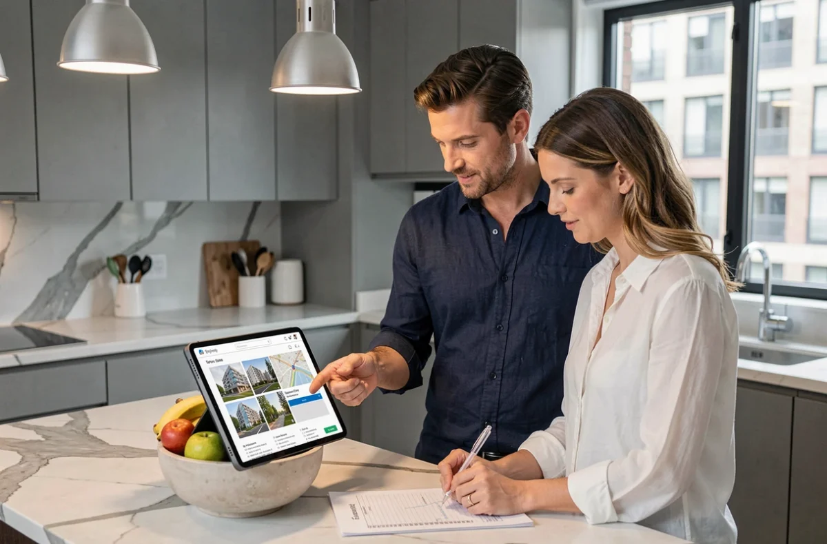 Couple recherchant un bien immobilier ensemble sur une tablette dans une cuisine moderne