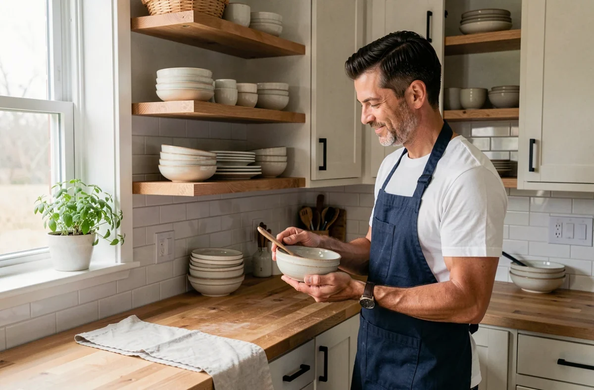 Homme arrangeant de la vaisselle artisanale sur des étagères en bois ouvertes dans une cuisine moderne et chaleureuse