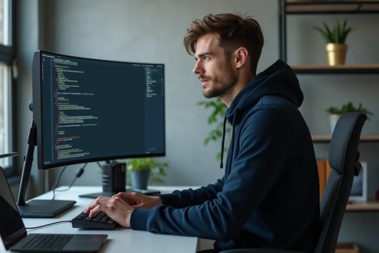 Jeune développeur geek travaillant sur un setup high-tech avec écran ultrawide et clavier mécanique dans un bureau minimaliste en béton