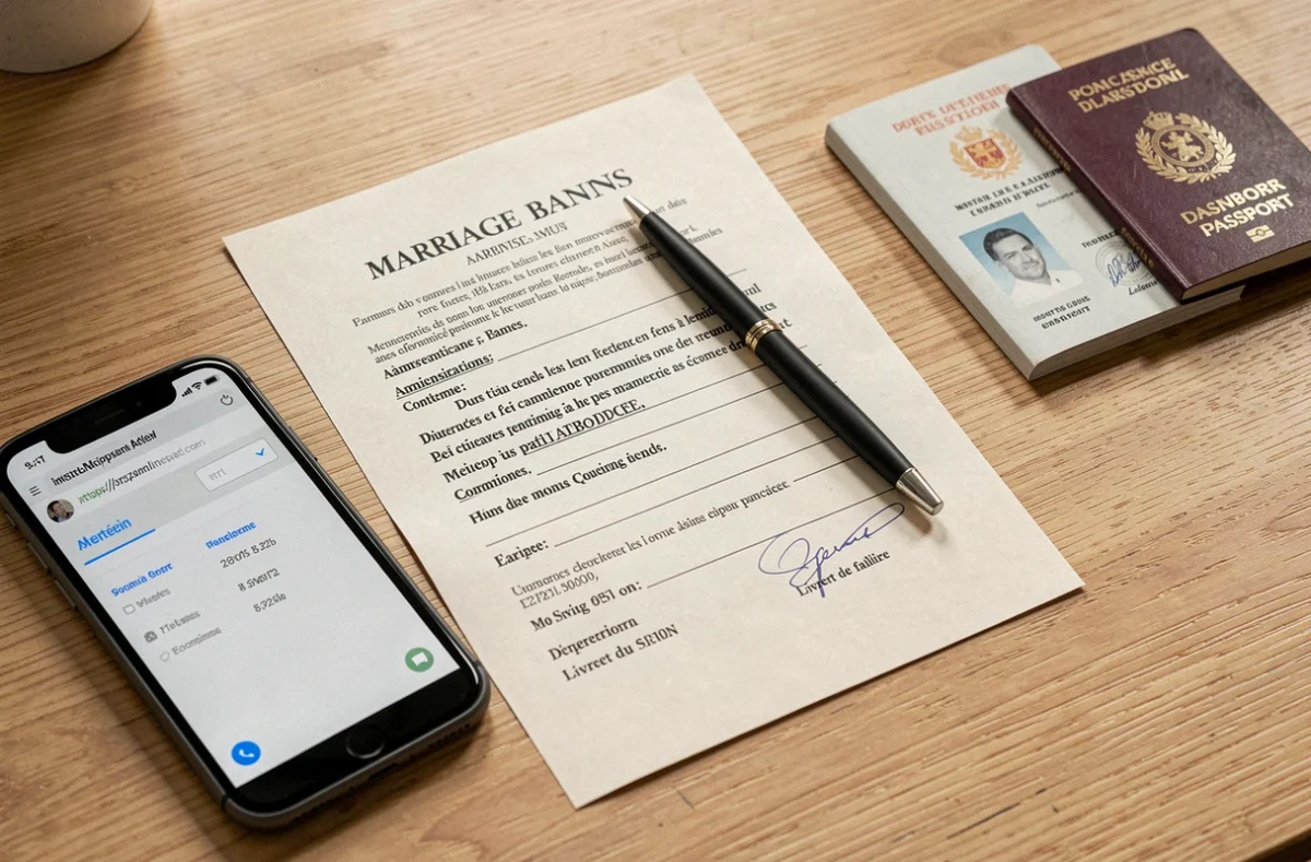 Documents administratifs pour la publication des bans de mariage disposés sur un bureau avec un smartphone affichant un portail officiel en ligne