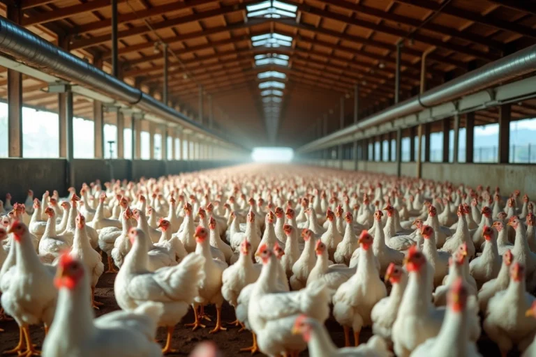 Des milliers de poulets blancs dans un élevage industriel intensif au Brésil, illustrant les records mondiaux de production avicole