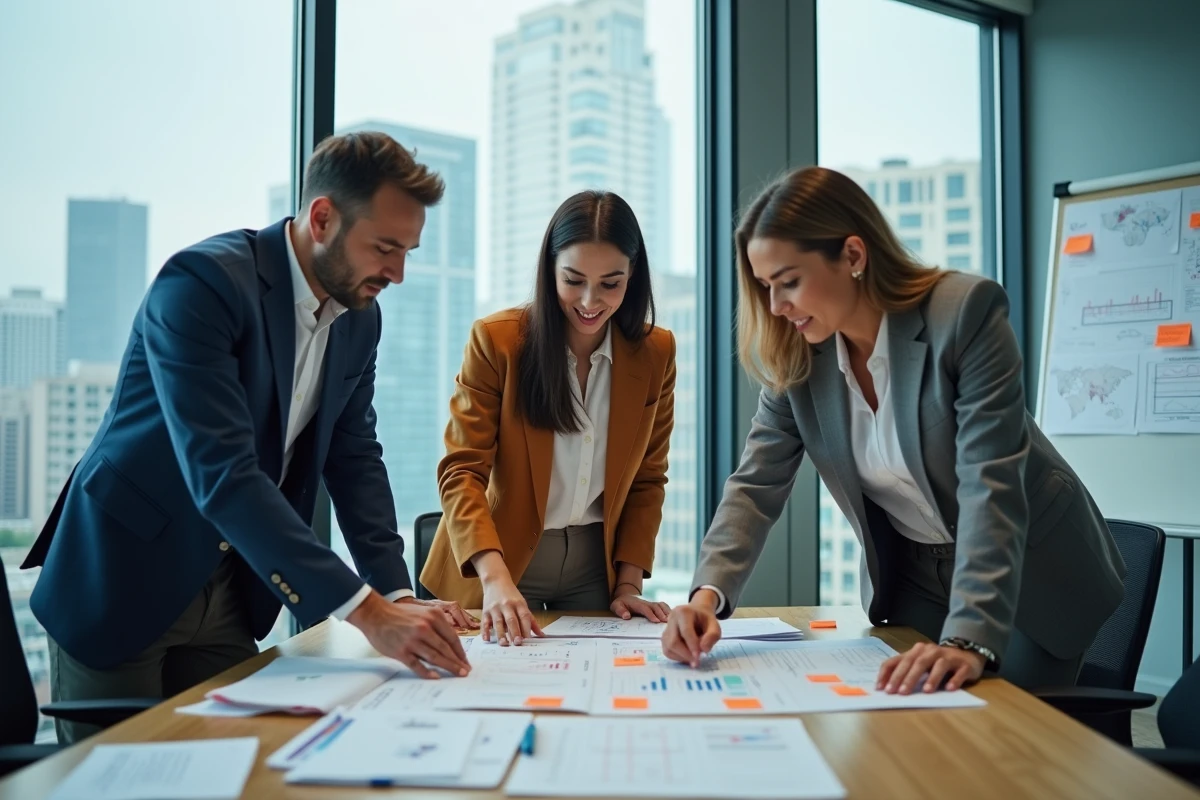 Équipe de professionnels d'une PME collaborant autour d'un plan stratégique de croissance dans une salle de réunion vitrée