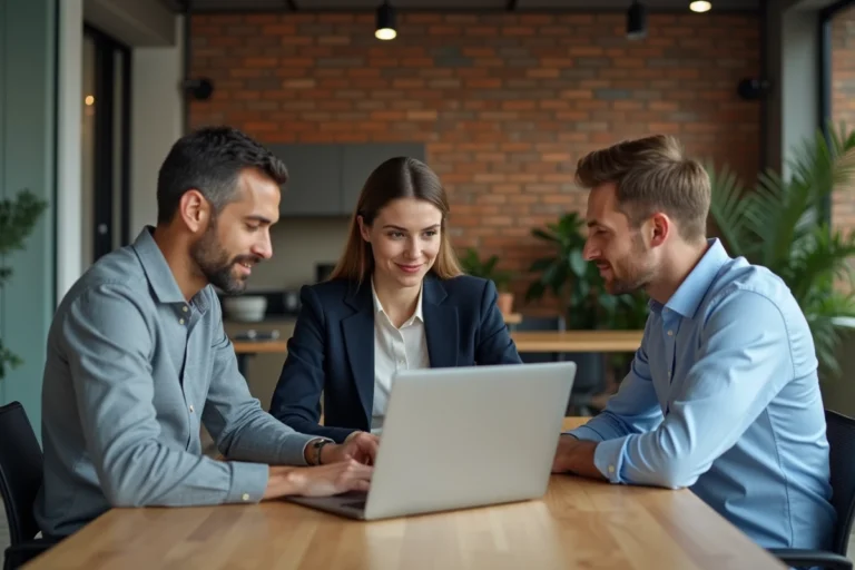Groupe de trois professionnels en réunion dans un bureau moderne