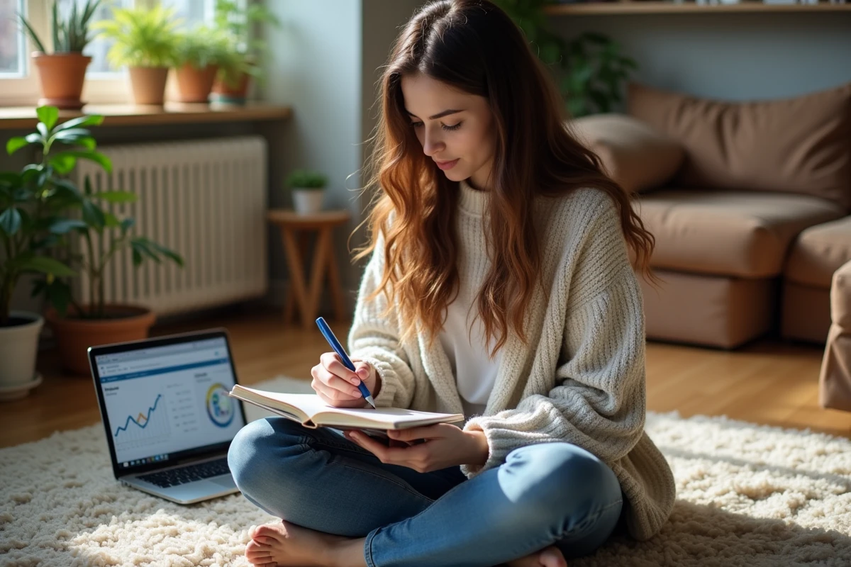 Femme assise sur le sol prenant des notes dans un intérieur cosy