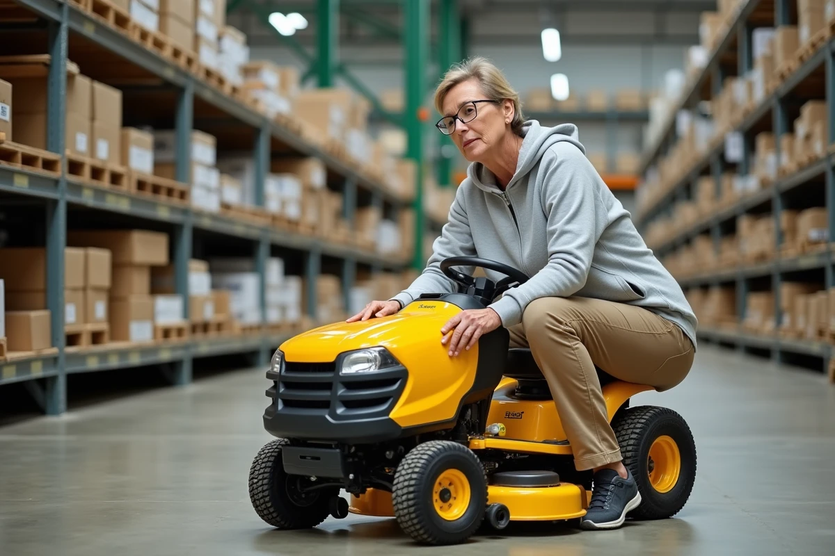 Femme inspectant un tracteur tondeuse compact en rayon dans une grande surface de bricolage