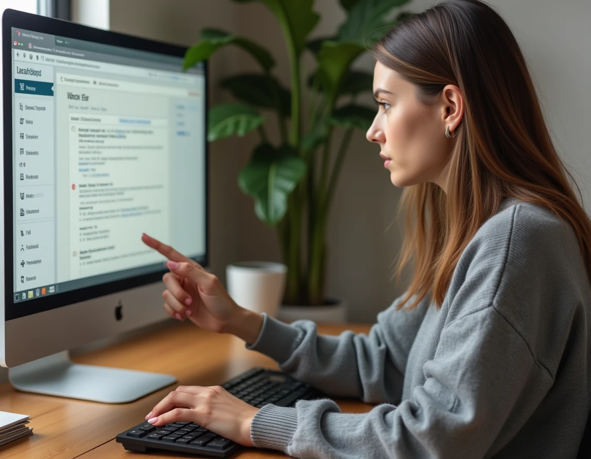 Femme consultant un plan de site web sur un écran d'ordinateur dans un bureau à domicile