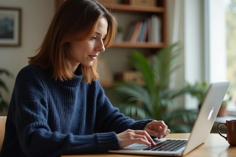 Femme consultant son autorisation de découvert Crédit Agricole sur un ordinateur portable depuis son bureau à domicile