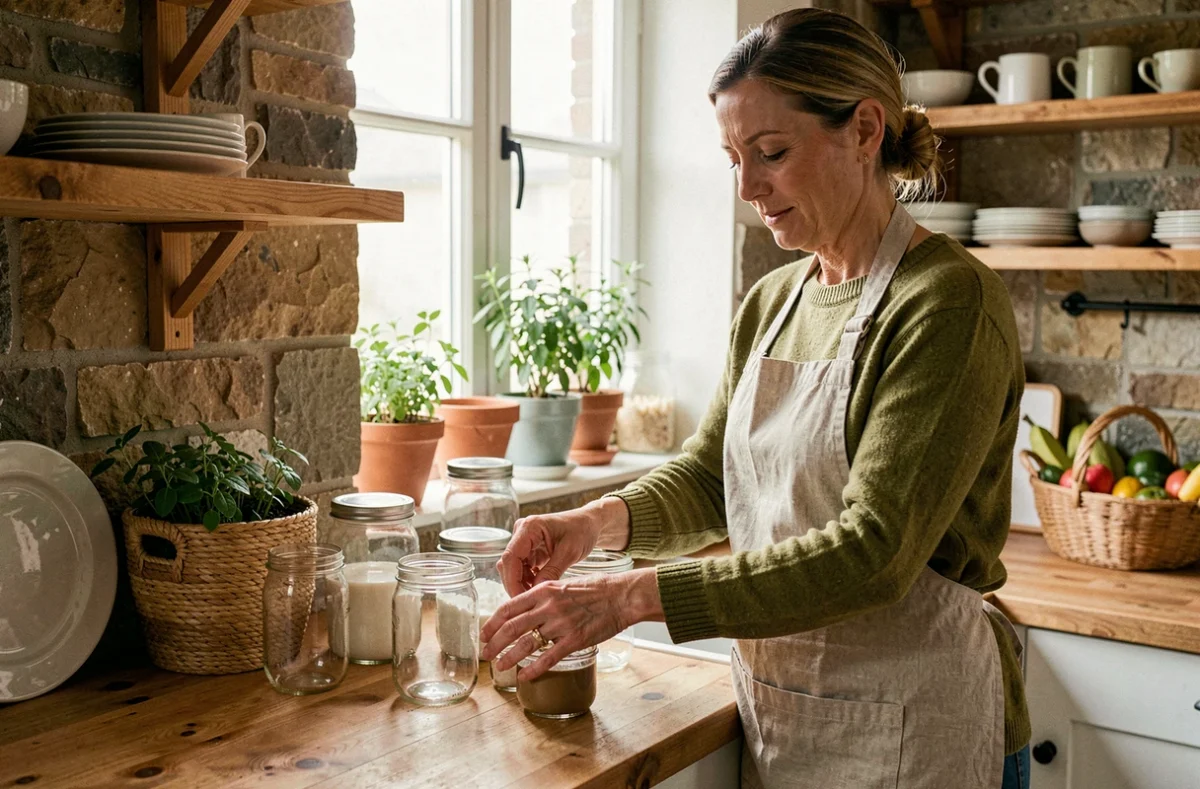 Femme triant des bocaux en verre dans une cuisine éco-responsable avec des étagères en bois et un jardin d'herbes aromatiques