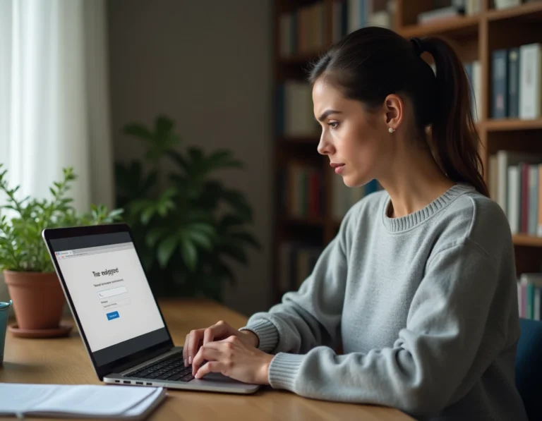 Femme frustrée face à une erreur de connexion AOL Webmail sur son ordinateur portable à domicile