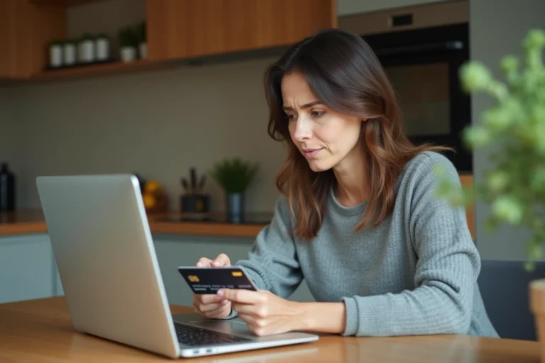 Femme frustrée face à une erreur de paiement PayPal sur son ordinateur portable avec carte bancaire à la main