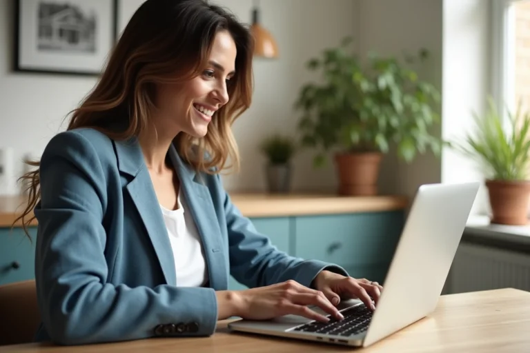 Femme souriante recherchant une annonce immobiliere sur son ordinateur