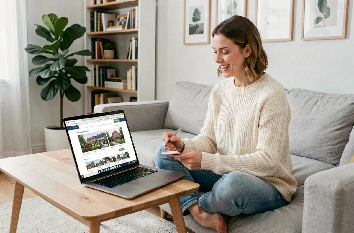 Femme consultant des annonces immobilières sur un ordinateur portable dans un salon moderne et lumineux