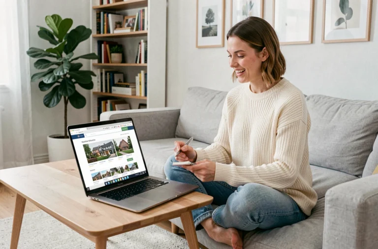 Femme consultant des annonces immobilières sur un ordinateur portable dans un salon moderne et lumineux