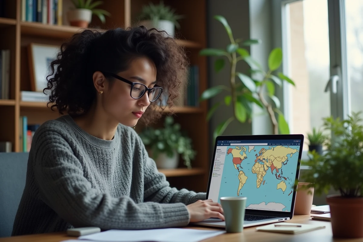 Femme utilisant un outil de géolocalisation IP en ligne depuis son bureau à domicile