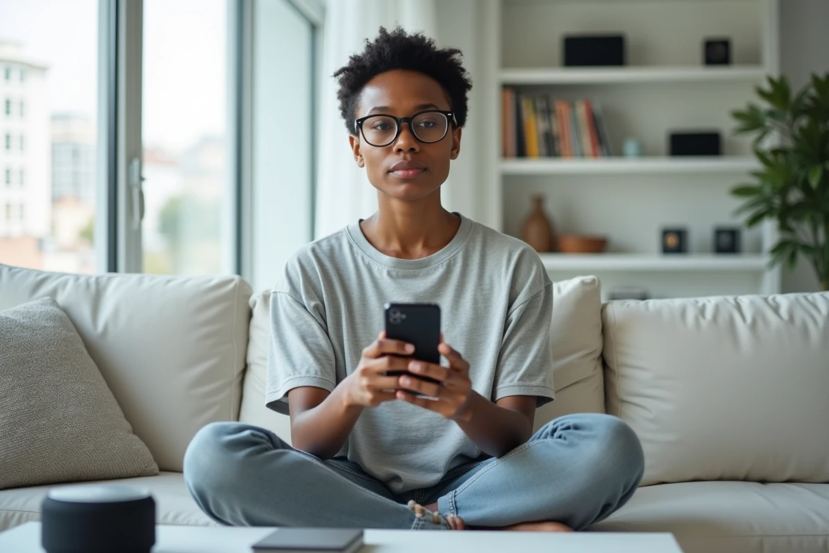 Femme technophile utilisant un smartphone pliable dans un appartement urbain moderne avec gadgets high-tech en arrière-plan