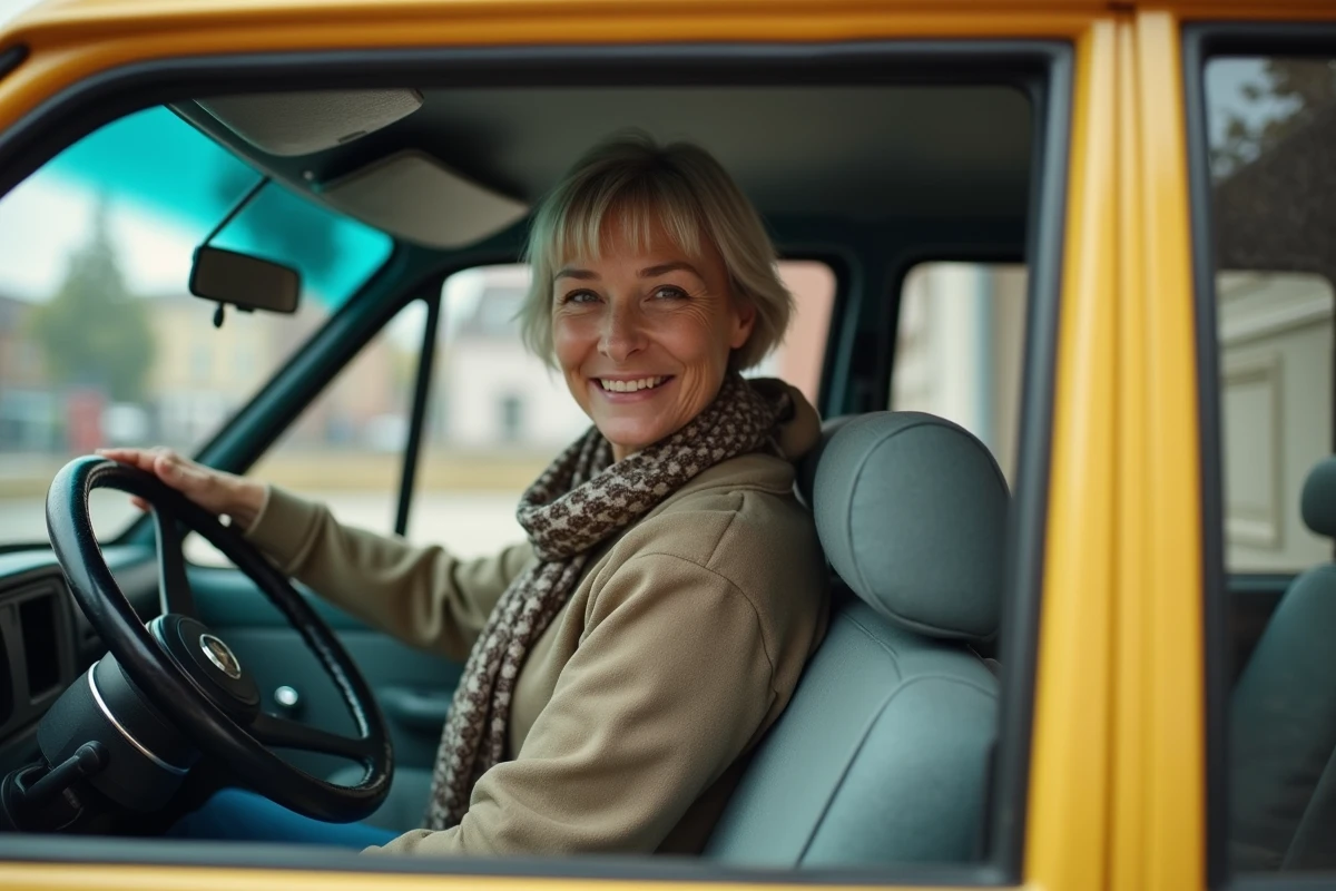 Femme conductrice de taxi vintage dans une station de province