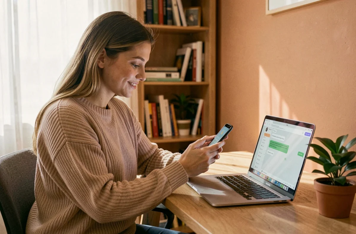 Jeune femme utilisant WhatsApp et ChatGPT sur smartphone et ordinateur portable dans un bureau à domicile