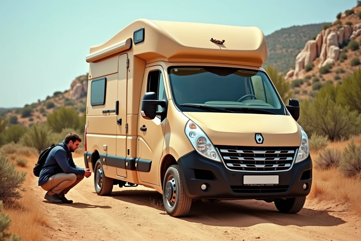 Un camping-car compact couleur sable surnommé 'Le Fennec' avec une décoration d'oreilles de renard, garé sur une piste de garrigue en Provence