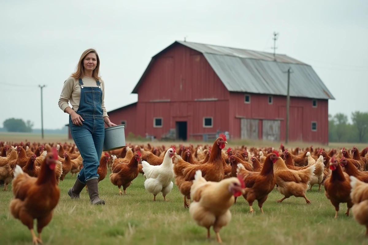 Une éleveuse américaine distribuant de la nourriture à des centaines de poulets en plein air dans une ferme du Midwest américain