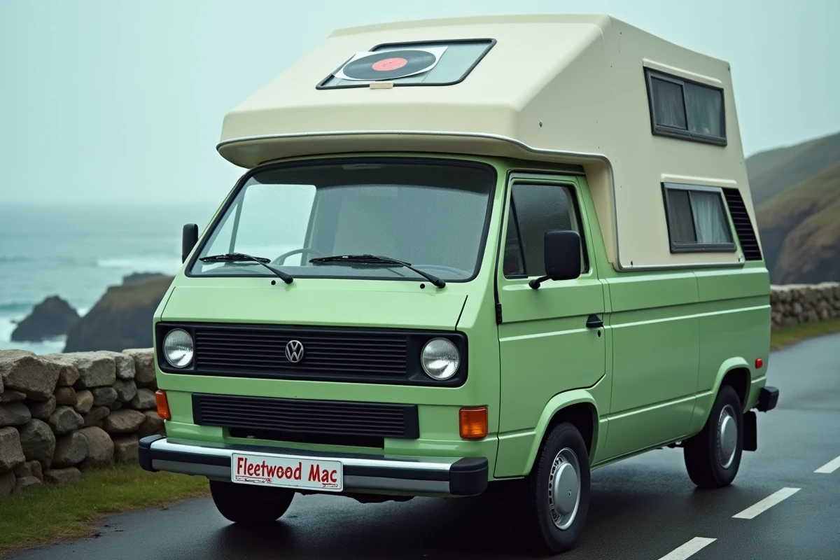 Un petit camping-car avec un autocollant jeu de mots 'Fleetwood Mac' sur le pare-chocs, garé près d'une côte rocheuse atlantique