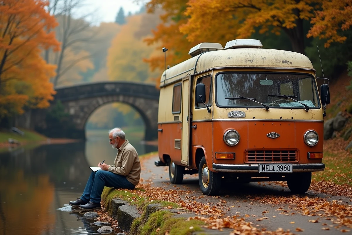 Un camping-car patiné nommé 'Gédéon' avec une plaque émaillée vintage, garé près d'un vieux pont en pierre en Dordogne, un homme barbu écrivant dans un journal