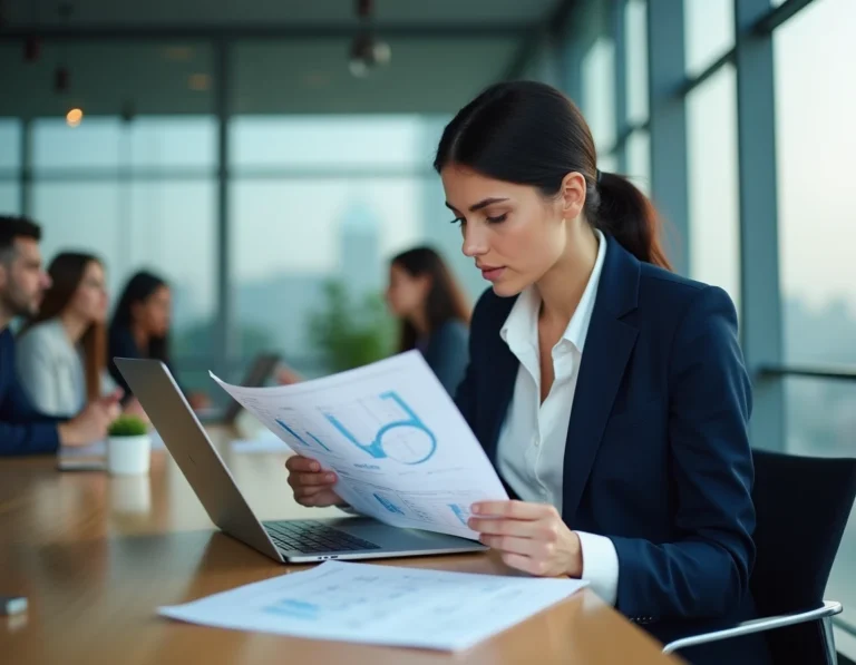 Responsable RH analysant un tableau de gestion des compétences en entreprise sur ordinateur portable en salle de réunion