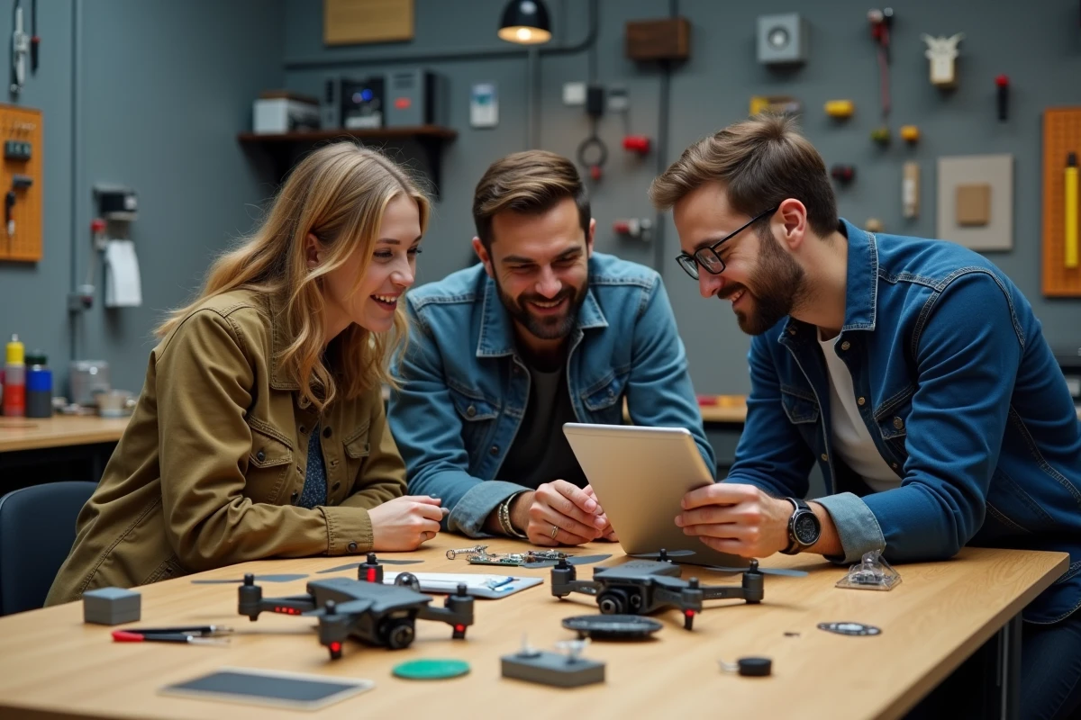 Groupe de passionnés de technologie assemblant un drone et un ordinateur monocarte dans un fab lab équipé d'outils électroniques