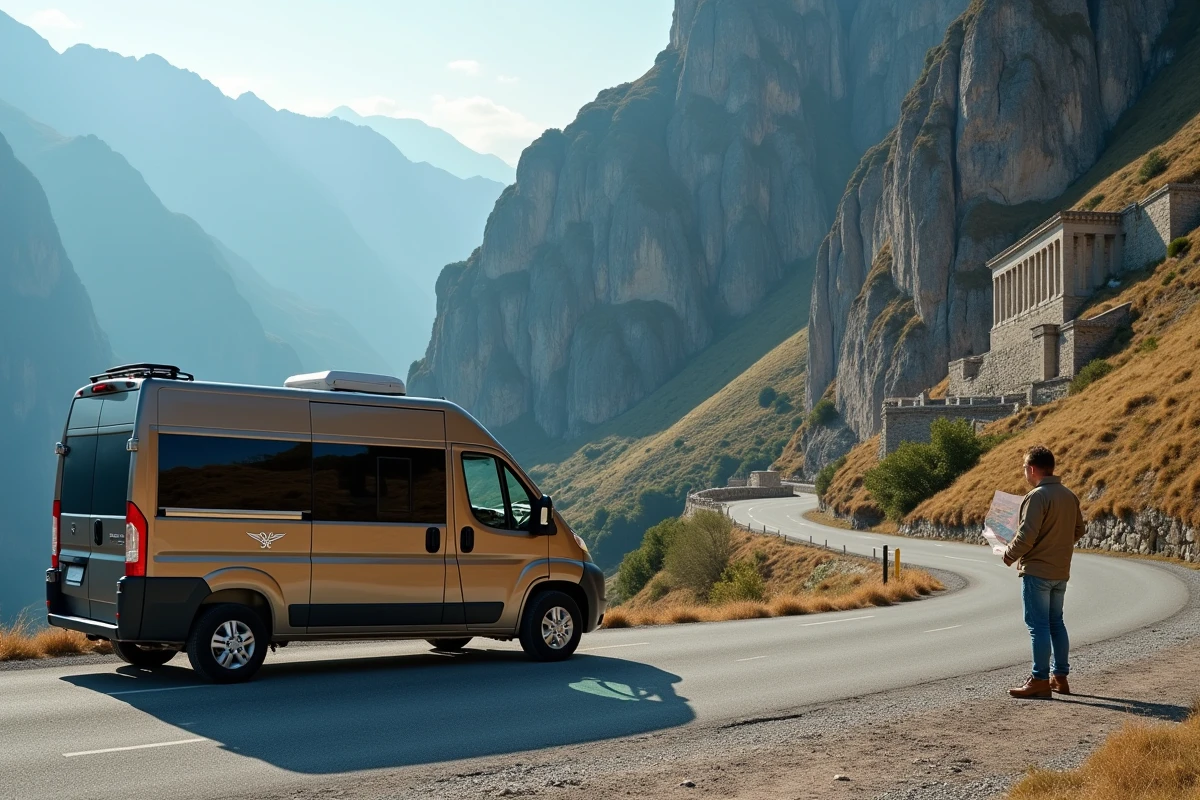 Un camping-car compact nommé 'Hermès' avec un emblème ailé sur la porte, garé à un col de montagne avec des ruines anciennes en arrière-plan