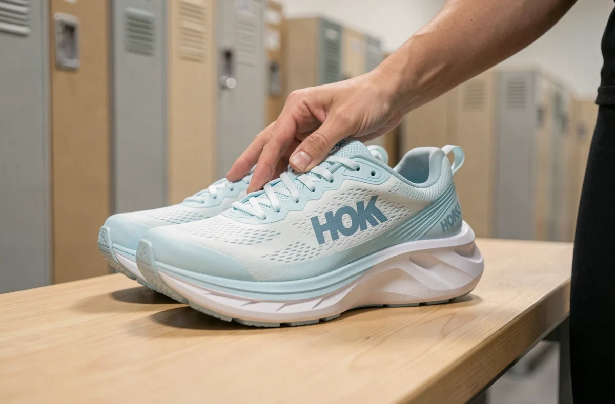 Baskets HOKA Bondi 9 femme avec coussin maximal posées sur un banc de vestiaire, semelle épaisse bien visible