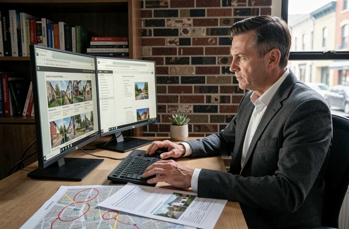 Homme analysant des annonces immobilières sur double écran avec carte annotée dans un bureau à domicile